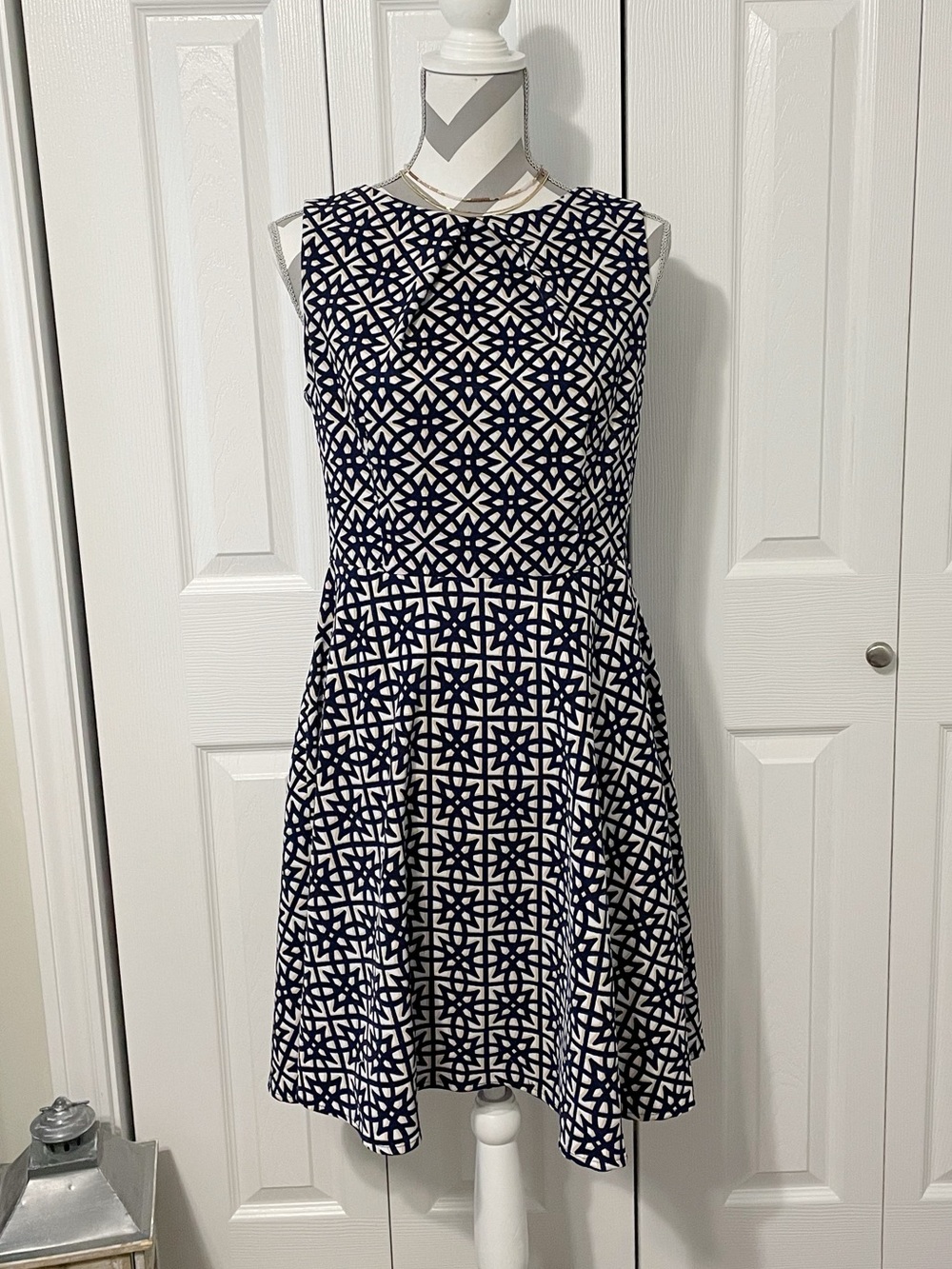 Roz & Ali Navy, White, and Tan Sleeveless Fit & Flare Dress